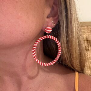 Pair of Red and White Beaded Hoop Earrings
